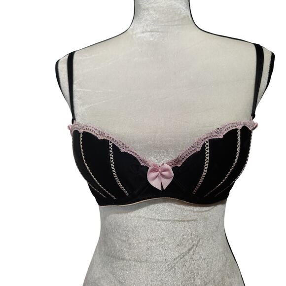 Victoria's Secret Other - Vintage Victoria Secret Sz 36B Sexy Little Things Black Pink Bow Balconette Bra